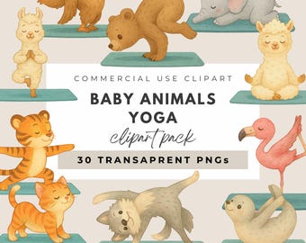 Baby dieren yoga clipart png set, schattige aquarel dieren yoga houdingen, mindfulness illustraties, dierlijke clipart voor kinderen, digitale download