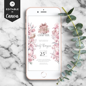 Un nuovo capitolo rosa Toile du Jouy Baby Shower Invito mobile Elegante eVite digitale Tema del libro Baby Shower Invito floreale rosa Baby Shower per bambine