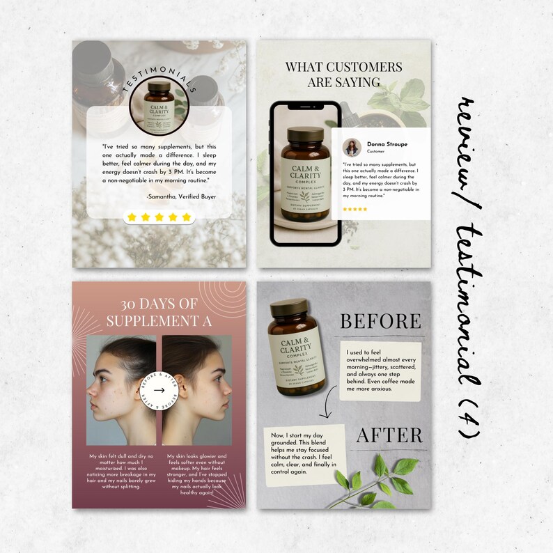 Flatlay of editable Canva Instagram templates for supplement and wellness brands, showing aesthetic 4:5 post designs with bold minimalist layouts.