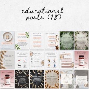 Flatlay of editable Canva Instagram templates for supplement and wellness brands, showing aesthetic 4:5 post designs with bold minimalist layouts.