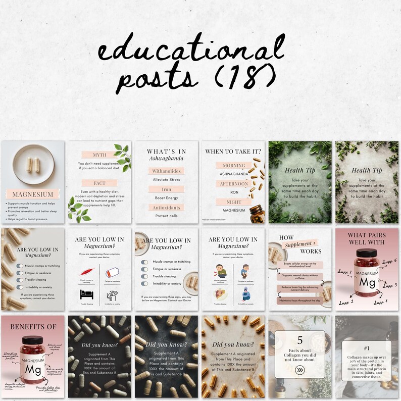 Flatlay of editable Canva Instagram templates for supplement and wellness brands, showing aesthetic 4:5 post designs with bold minimalist layouts.