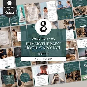 May include: A collection of 8 done-for-you physiotherapy hook carousel templates in green. The templates include text and graphics related to spine health, posture, and headaches. The text "EDITABLE IN Canva" is visible in the upper left corner.