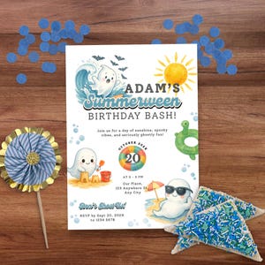 Colorful Summerween birthday invitation featuring cute cartoon ghosts at the beach, pool floats, sunshine, and Halloween-themed summer party graphics.