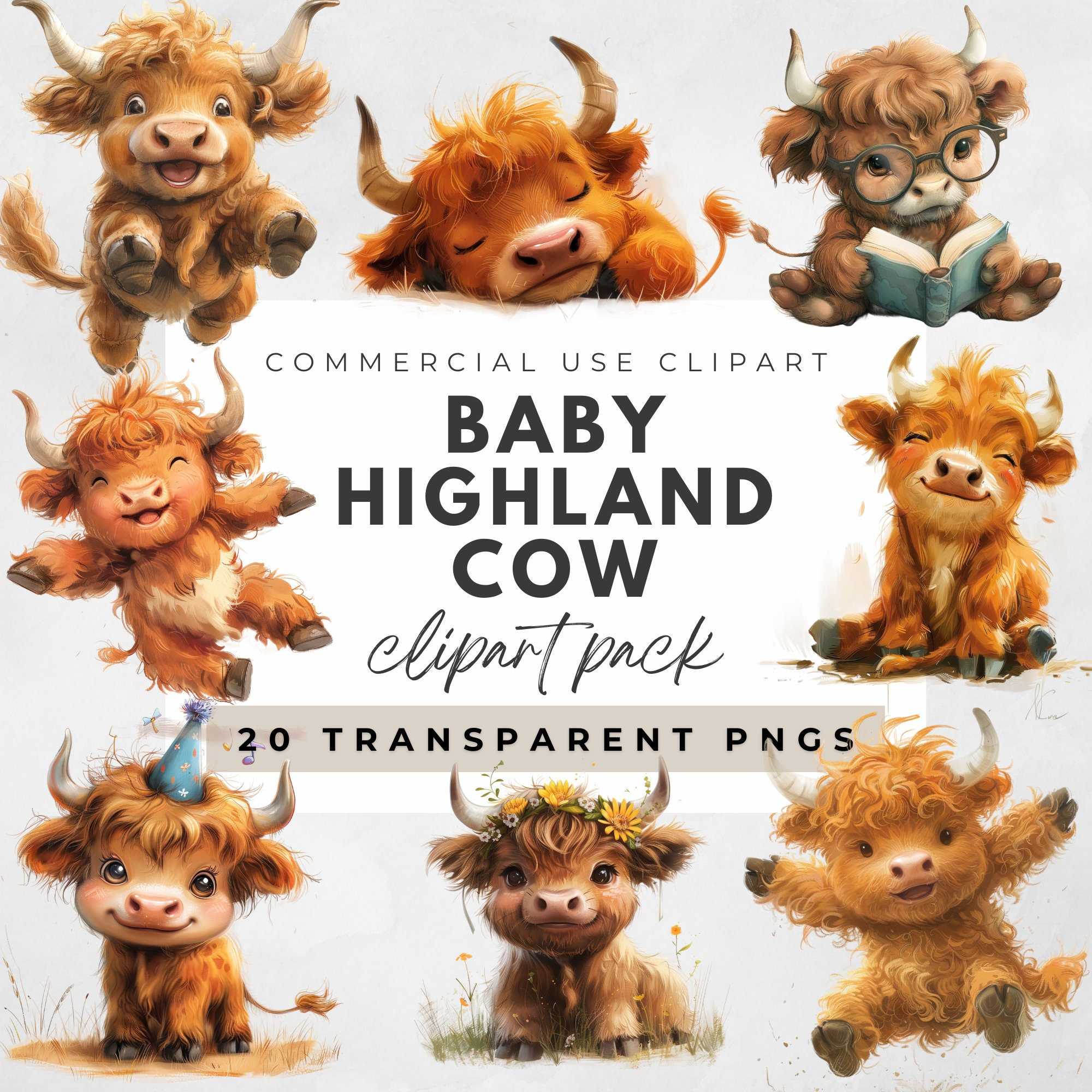 Watercolor Baby Highland Cow Clipart Baby Cow Clipart Farm Animal ...