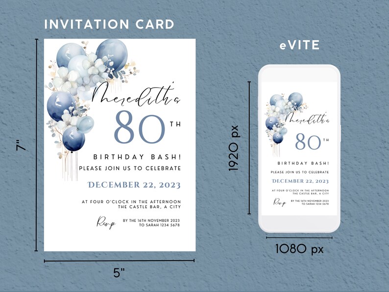 Silver and Blue 80th Birthday Party Invitation Bundle Editable Canva ...