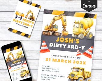 3rd Birthday Party Invite Dirty 3rd-y Birthday Invitation Construction Theme Dump Truck Tractor Birthday Dirty 3rdy Invite Boy 3rd Birthday