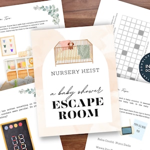 May include: A printable baby shower game set with a nursery theme. The game is called "Nursery Heist: A Baby Shower Escape Room". The game includes a crossword puzzle, a word search, and a number puzzle.