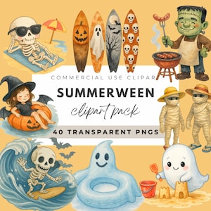 Summerween Clipart PNG, Sommer Halloween PNG, Halloween Pool Party, Gruselige Clipart, Baby Geist Clipart, Niedlichen Skelett Geist Zombies