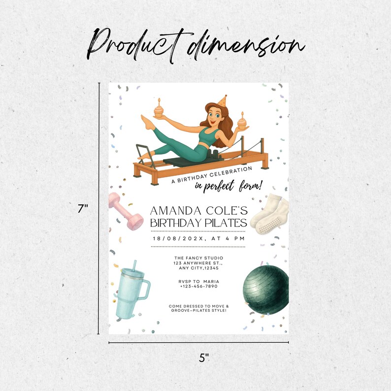 Fun Pilates birthday invitation featuring a woman balancing cupcakes in a Pilates reformer pose, surrounded by fitness accessories like socks, water bottle, and exercise ball.