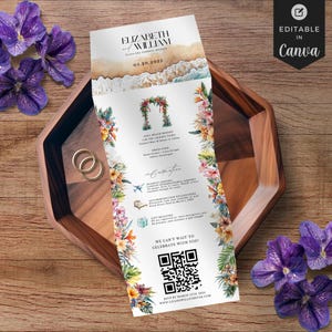 Tropische Strand-Hochzeitseinladung dreifach, Hochzeitsreiseweg, Ziehharmonika-Sonnenuntergang-Gelübde einladen, Küsten-bearbeitbare Canva-Vorlage