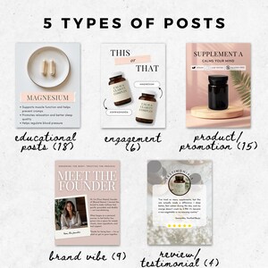 Flatlay of editable Canva Instagram templates for supplement and wellness brands, showing aesthetic 4:5 post designs with bold minimalist layouts.