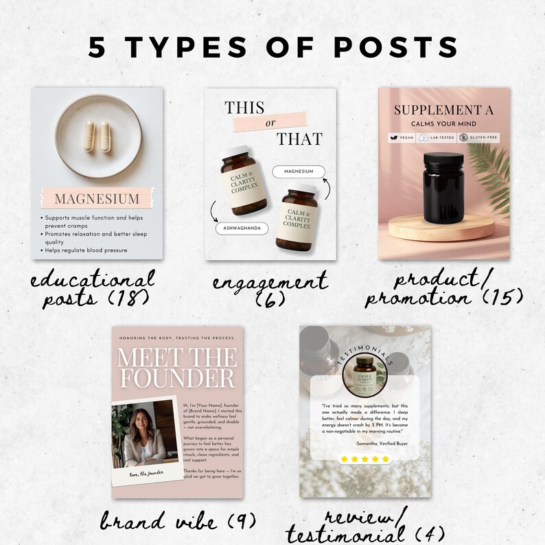 Flatlay of editable Canva Instagram templates for supplement and wellness brands, showing aesthetic 4:5 post designs with bold minimalist layouts.