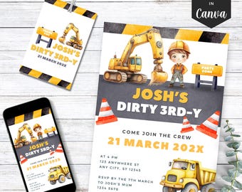 Dirty 3rd-y Birthday Invitation Construction Theme 3rd Birthday Party Invite Dump Truck Tractor Birthday Dirty 3rdy Invite 3rd Birthday Boy