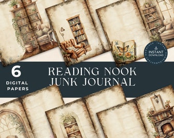 May include: Six digital papers featuring vintage-style illustrations of cosy reading nooks with bookshelves, armchairs, and lamps. The papers have a distressed, aged look and are perfect for junk journaling or other paper crafts.