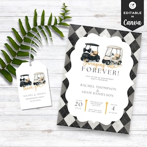 Invitación editable para fiesta de compromiso con temática de golf en Canva, invitación digital de verano para despedida de soltera, despedida de soltero con temática de golf
