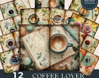 Puede incluir: Doce papeles digitales con ilustraciones de estilo vintage de tazas de café, flores y un diario con una taza de café encima. Los papeles son perfectos para el diario de chatarra, el scrapbooking u otros proyectos creativos.