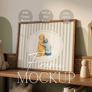 May include: A framed print featuring a watercolor illustration of a child hugging a golden retriever. The artwork is set against a striped background and framed in a wooden frame. Text on the frame reads "Frame Mockup".