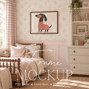 May include: A rectangular wooden frame containing a digital illustration of a black and tan dachshund wearing a pink sweater. The frame is displayed on a wall with floral wallpaper above a pink wainscoting, positioned above a wooden bed frame.