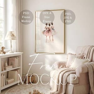 May include: A framed artwork featuring three ballerinas in pink tutus. The gold frame hangs on a white wall above a pink armchair with a knitted throw. The image is a frame mockup with text that reads "Frame Mockup".