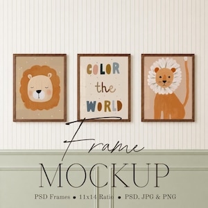 Set of 3 Frames Mockup, Triple Nursery Wall Art Frame Mockup, 11 x14 Walnut Wood Frames, PSD Smart Object, Sage Green Nursery Gallery Wall