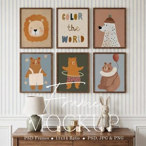 May include: A set of six framed wall art prints featuring illustrations of a lion, a bear with a hula hoop, a bear with a balloon, and a bear in overalls, alongside a print with the text COLOR the WORLD, displayed in a room with a lamp and toy.