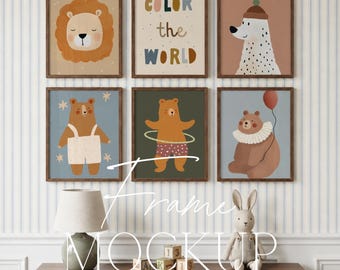 Maqueta de pared para guardería infantil, maqueta de habitación infantil con 6 marcos, maqueta de arte de pared para guardería de niños, objeto inteligente PSD, maqueta de marco de madera de nogal con relación de aspecto 11x14.