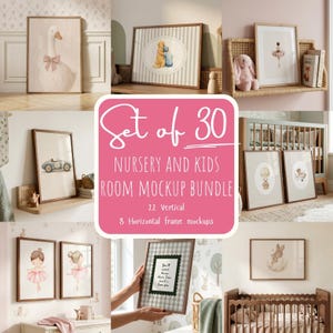 Puede incluir: Una colección de impresiones artísticas enmarcadas y maquetas para una guardería o habitación infantil. Las impresiones presentan ilustraciones de un cisne, un coche, bailarinas y otros diseños caprichosos. El texto en el letrero rosa dice "Set of 30 Nursery and Kids Room Mockup Bundle".
