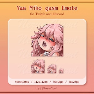 May include: A digital illustration of a pink-haired anime character with a surprised expression. The character is blushing and has their mouth open. The image is labeled "Yae Miko gasm Emote for Twitch and Discord" and includes four different sizes of the image: 500x500px, 112x112px, 56x56px, and 28x28px. The image is credited to @NezumiYumi.