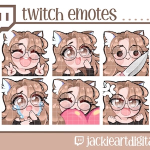 Twitch Emotes | Heart | Crying | Happy | Grumpy | Knife | Peace | {Brown Bangs, Brown Eyes, Cat Ears & Glasses} | Instant Download