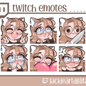Twitch Emotes | Heart | Crying | Happy | Grumpy | Knife | Peace | {Brown Bangs, Blue Eyes, Cat Ears & Glasses} | Instant Download