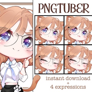 Adorable Cat Ears PNGtuber | Chibi | Brunette & Glasses | Streaming Avatar | Twitch | Discord | Youtube | TikTok | Cute | Ready to Use