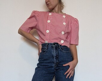 Vintage red and white striped puff short sleeved cropped sailor style blouse, UK 10-14