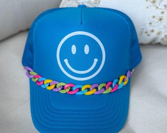 Neon Blue Smiley Face Trucker Hat with Acrylic Chain
