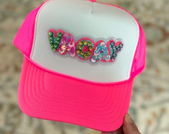 Vacay Beaded Patch Trucker Hat: Neon Pink Beach Cap