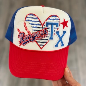 Texas baseball trucker hat, Texas Rangers, fan gear, custom trucker hat, baseball hat, custom trucker patch hat, Rangers hat, RWB, MLB hat