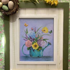 Original painting depicting a vintage watering can with hydrangeas, lavender