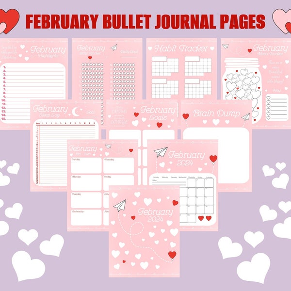 February 2024 Digitally PDF Printable Bullet Journal Pages