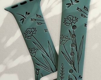 Dragonfly Wildflower Engraved Band Apple Watch Compatible Series 1 through 11, SE 1,2 and 3 and Ultra 1, 2, and 3