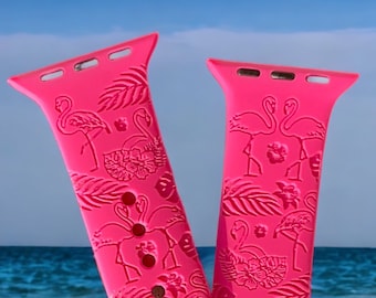 Flamingos Birds Engraved Band Apple Watch Compatible Series 1 through 11, SE 1,2 and 3 and Ultra 1, 2, and 3
