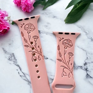 January Birth Flower Birthday Floral Silicone Watch Band 38/40/41 mm, 42/44/45 mm Series 1,2,3,4,5,6,7,8,9,SE,SE2  Apple Watch Compatible