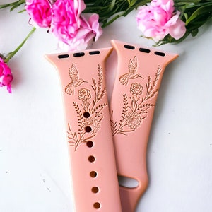 Hummingbird Wildflower Engraved  Watch Band 38/40/41 mm 42/44/45 mm Series 1,2,3,4,5,6,7,8,9,SE,SE2 Apple Watch Compatible
