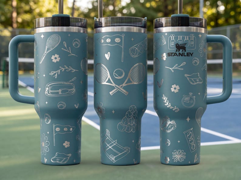 Three blue tumblers with tennis-themed designs and the Stanley logo printed on them.