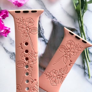 February Birth Month Flower Floral Engraved Silicone Band 38/40/41 mm 42/44/45 mm Series 1,2,3,4,5,6,7,8,9,SE,SE2 Apple Watch Compatible