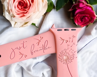 Just Breathe Dragonfly Dandelion Wildflower Engraved Band Apple Watch Compatible Series 1 through 11, SE 1,2 and 3 and Ultra 1, 2, and 3
