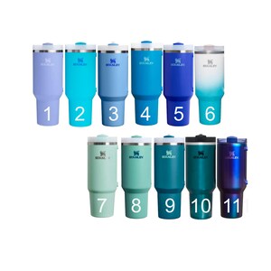 A collection of ten Starbucks tumblers in various colors, including blue, green, and purple, arranged in two rows.