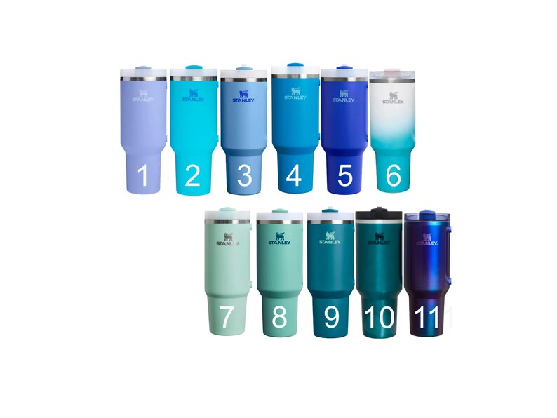 A collection of ten Starbucks tumblers in various colors, including blue, green, and purple, arranged in two rows.