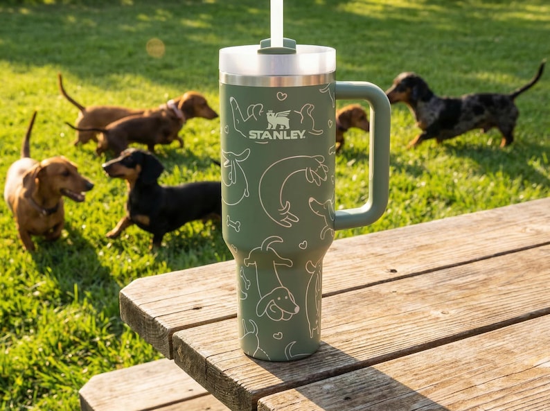 A stainless steel thermos with a handle and lid sits on a wooden picnic table, with several dogs playing in the background.