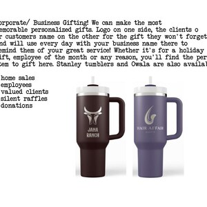 two large tumblers with personalized names on them, one in brown and one in purple, which are being used as business gifts.