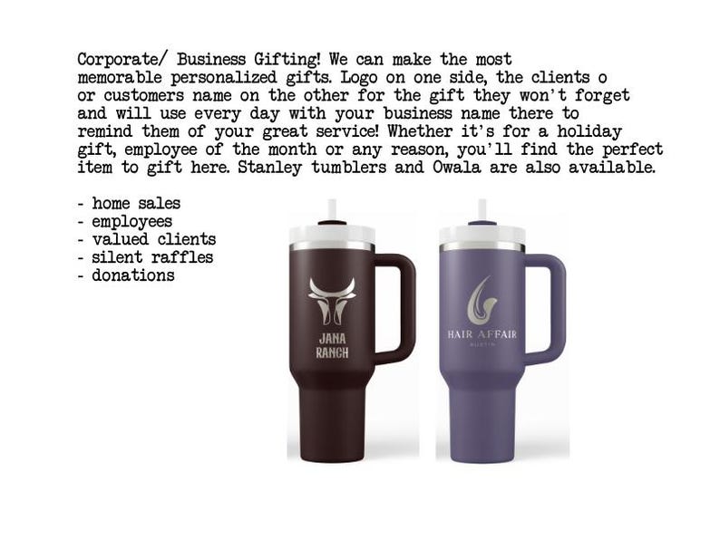 two large tumblers with personalized names on them, one in brown and one in purple, which are being used as business gifts.