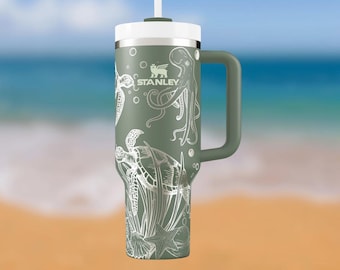 Engraved Octopus Turtle Stanley Tumbler: 40 oz Ocean Adventure Quencher